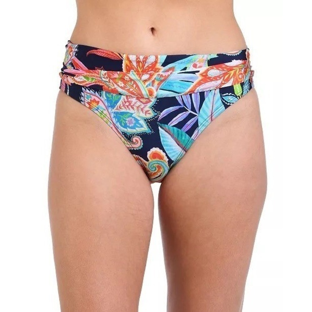 NWT La Blanca Bikini Bottom Women Blue Paisley Floral Ruched UPF 50+ Sz 4 $73